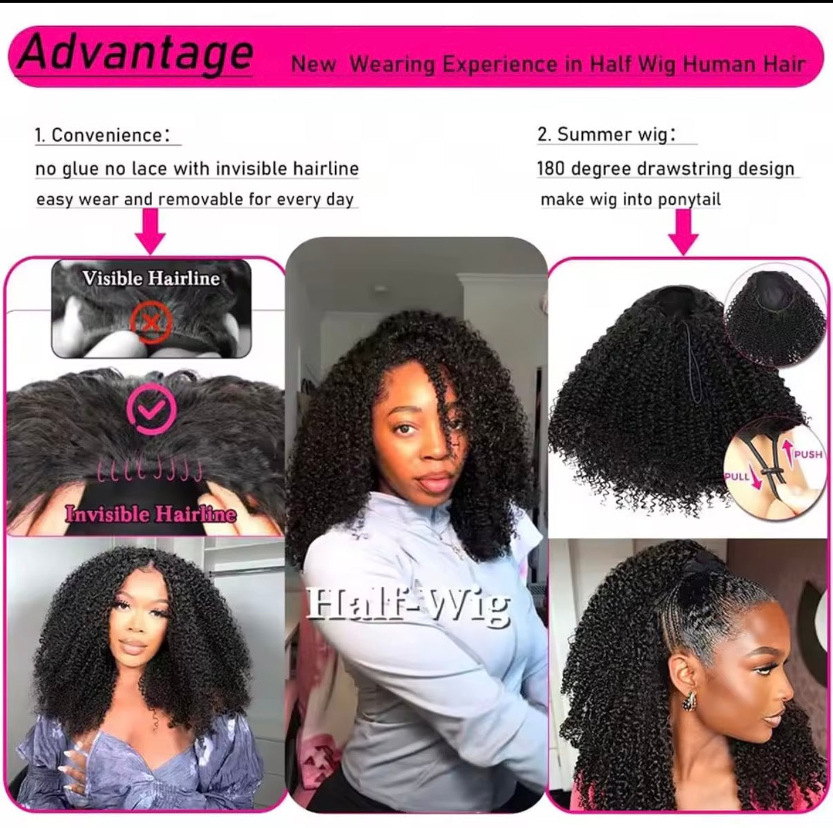 Kinky Curly Half Wig Human Hair Seamless jerry Curly 3 In 1 Half Wig  Glueless-Heandband Clip In Wig No Sew In Black Color