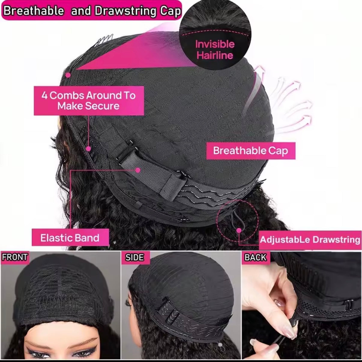 Kinky Curly Half Wig Human Hair Seamless jerry Curly 3 In 1 Half Wig  Glueless-Heandband Clip In Wig No Sew In Black Color